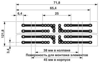 Чертеж, размер шага 5 мм, a = размер монтажной поверхности 38 мм в крышке, a = размер монтажной поверхности 45 мм в корпусе