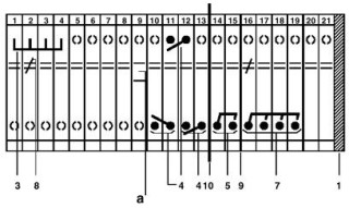 Электрическая схема, a = разомкнут, 1 = крышка, 3 = винтовой мостик, 4 = коммутационная перемычка на 2 клеммы, с обеих сторон могут быть установлены п...