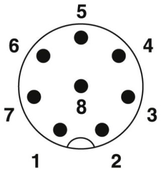 Схематический чертеж, Расположение контактов штекера М8, 8 контактов, вид со стороны штыревой части