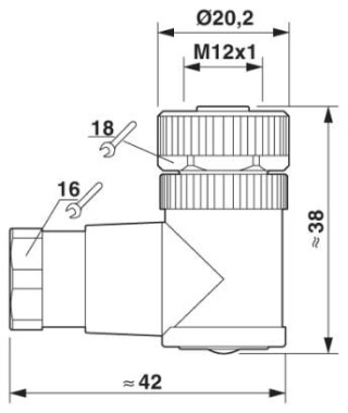 Чертеж, Гнездовая часть разъема M12 х 1, угловая