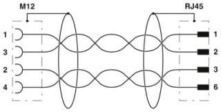 Электрическая схема, Схема расположения контактов гнезда M12 и штекера RJ45