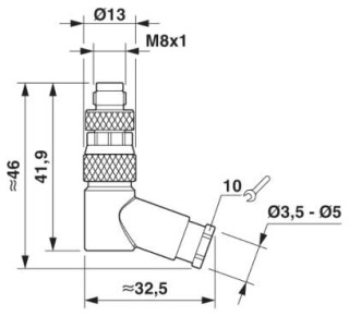 Чертеж, Розетка M8 x 1, угловая