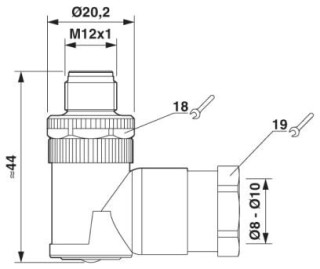 Чертеж, Штыревая часть разъема M12 х 1, угловая