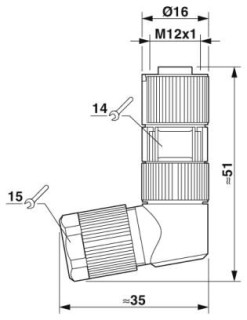 Чертеж, Гнездовая часть разъема M12 х 1, угловая, экранированная