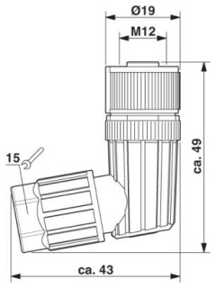 Чертеж, Гнездовая часть разъема M12 х 1, угловая