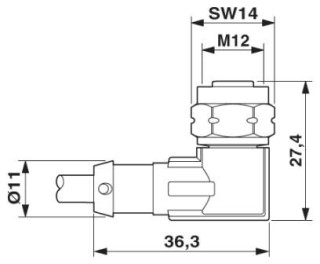 Чертеж, Розетка M12 x 1, угловая, со светодиодом