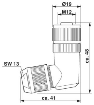 Чертеж, Гнездовая часть разъема M12 х 1, угловая, экранированная