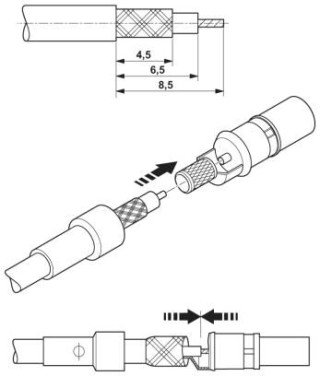 Схематический чертеж, Указание по монтажу:, Провода RG 174/U; 188A/U; 316/U; 179B/U; 187A/U. Подготовьте кабель (см.рисунок) и наденьте на него гильзу...