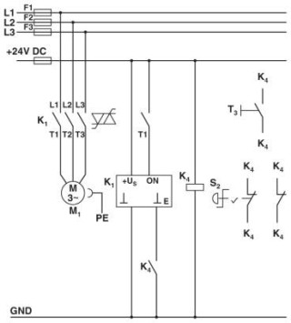 Электрическая схема, Схема с контактором CONTACTRON, Цепь питания и управления гибридного пускателя электродвигателя ,3 в 1, категории 3, K1 = Гибридн...